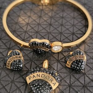 Pandora Stainless Steel Goldtone and Black Heart Jewelry Set